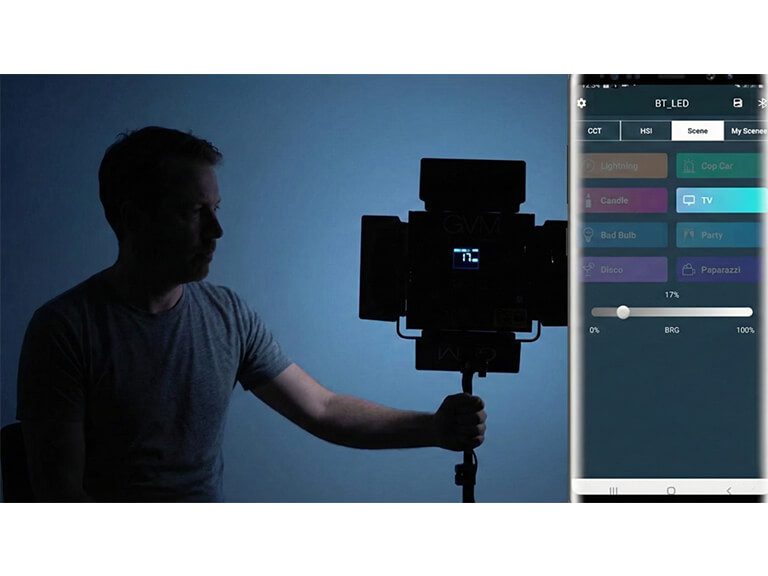 Split screen showing a videographer with on-camera LED light on the left and the GVM smartphone app interface for controlling CCT and HSI lighting modes on the right.