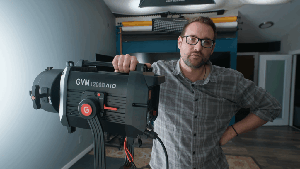 Best Lighting for Filmmaking 2026: GVM 1200B AIO Full Review 1 Side profile of GVM 1200B AIO all-in-one lighting for filmmaking with professional design.