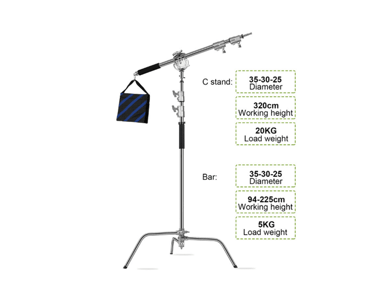 Wind, Sand, and Uneven Concrete: How to Choose a Light Stand for Location Shoots 5 Technical specifications of a professional stainless steel C-stand: 320cm max height, 20kg load capacity, and 225cm extension grip arm with sandbag.