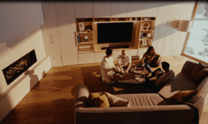 Movie lighting demonstration setup in a furnished living room, showing a realistic interior scene with a fireplace, television, and sofa, where a standing figure is illuminated to showcase professional three‑point lighting techniques for film or cinematic video production.