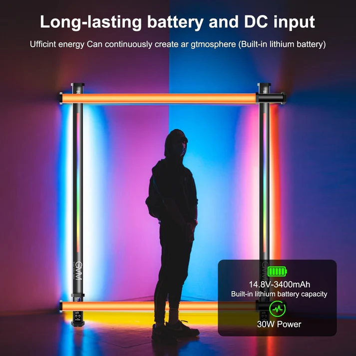 This image showcases a spliceable RGB photography stick light​ (Tube Light), highlighting its battery life​ and atmospheric lighting effects