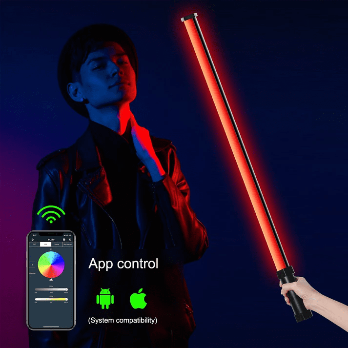 This image showcases an app-controlled RGB photography stick light, emphasizing its smart connectivity​ and vibrant, focused light effects​ for portrait shooting.