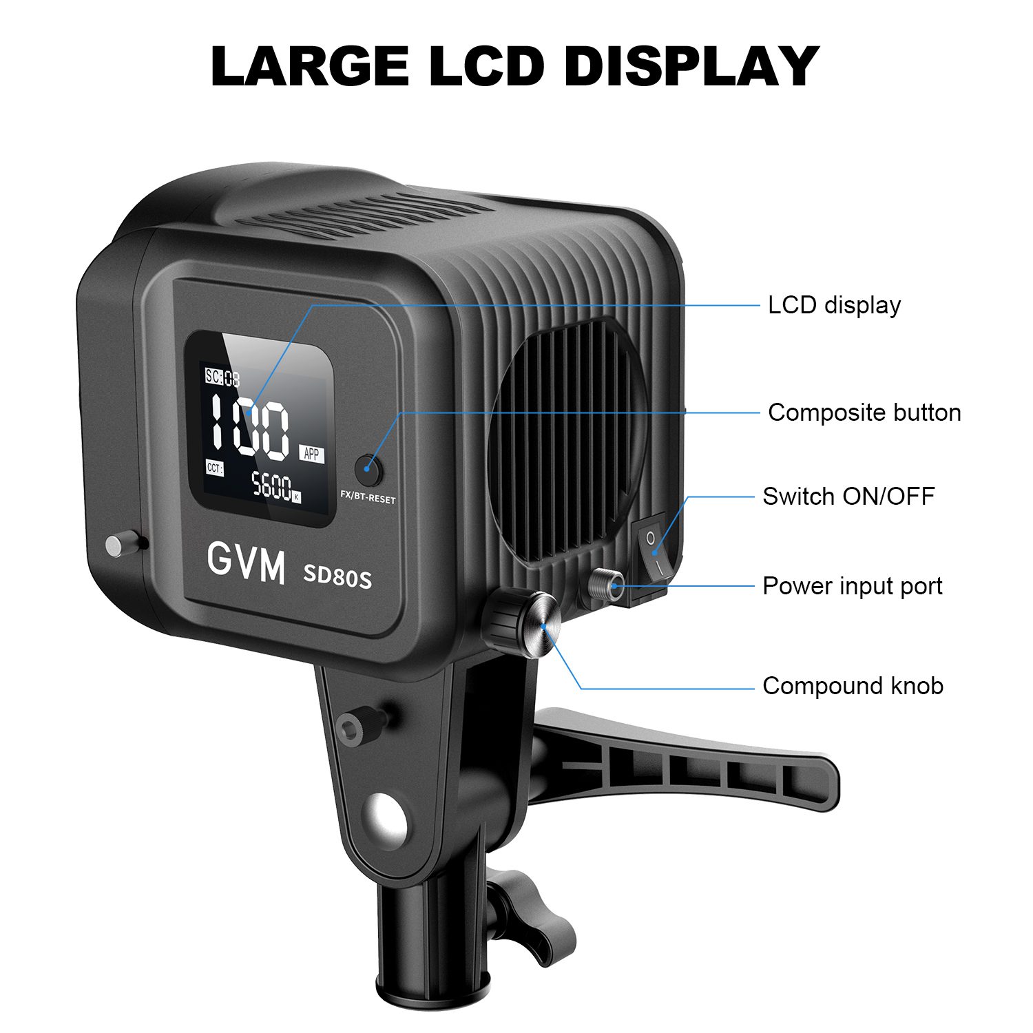 Portable Continuous Light for Photography - GVM LED Video Light with Large LCD Display, Control Buttons and Umbrella Holder
