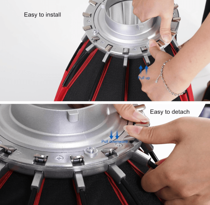 Step-by-step guide showing how to easily install and detach a GVM softbox using the quick-release mechanism.