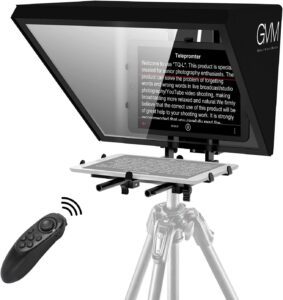 Black GVM teleprompter with mounted tablet and wireless remote control for convenient video shooting.