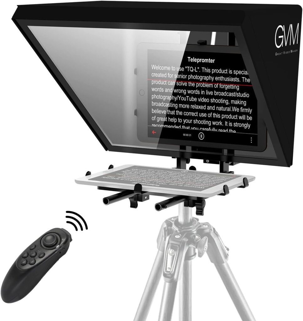 GVM professional teleprompter with large reflection screen, displaying scrolling script interface, featuring brand logo and sturdy mounting bracket for smartphones or tablets.