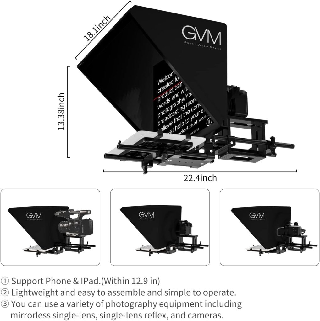GVM professional teleprompter with dimensions labeled (22.4"x13.38"x18.1"), featuring a large reflection screen and sturdy mounting bracket for cameras.
