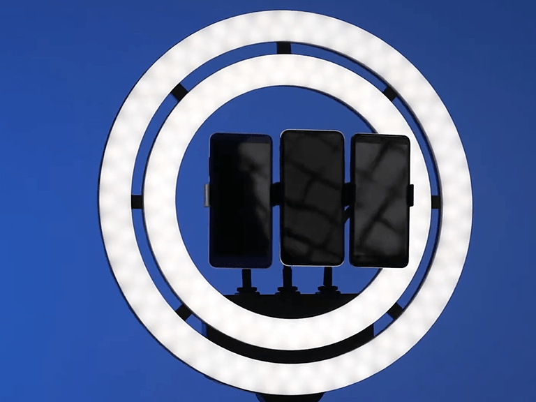 Ring Light for Photography with built-in phone holder, designed for smartphone vlogging, live streaming, and selfie shots, providing hands-free framing and even illumination.