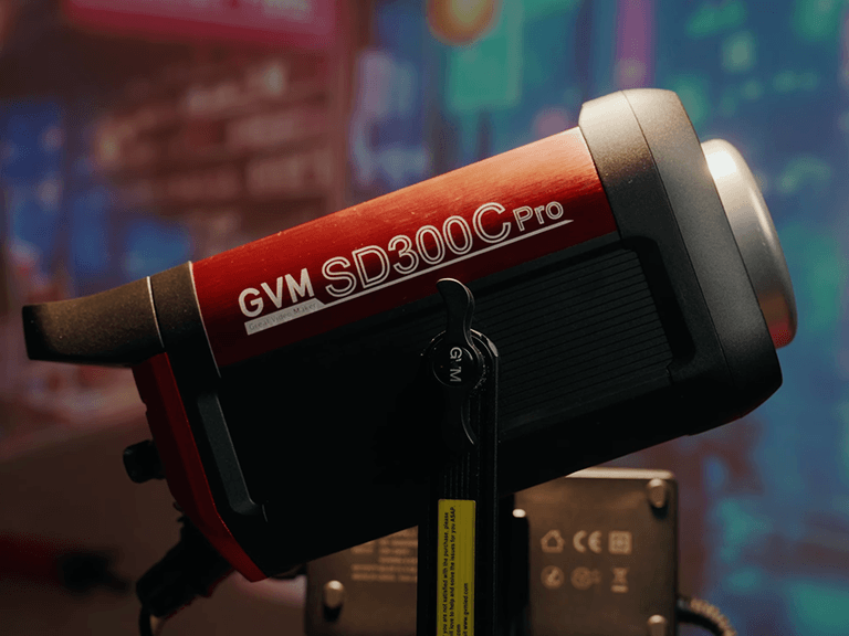 GVM SD300C Pro LED light providing professional lighting for podcast studio setups.