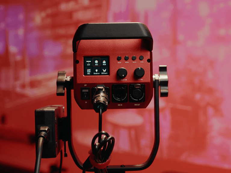 Close-up detail of GVM LED control panel, showcasing the interface for adjusting professional lighting for podcast studio setups.