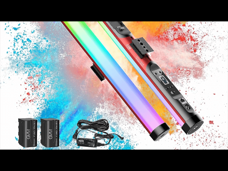GVM RGB tube light for photography displaying vibrant rainbow color spectrum effects with included battery and charger accessories.